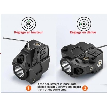 Lampe Laser Rouge et led 500 Lumens Strobo rail picatinny pour arme de poing