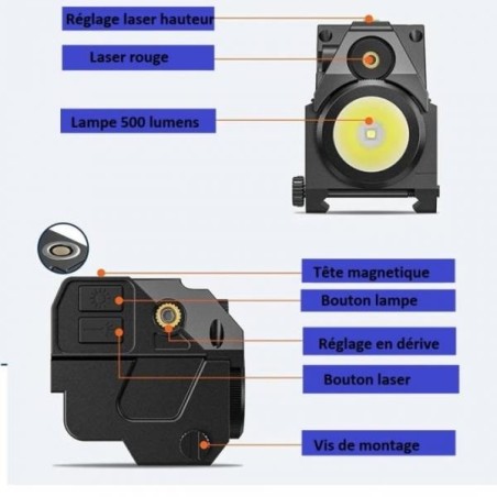 Lampe Laser Rouge et led 500 Lumens Strobo rail picatinny pour arme de poing