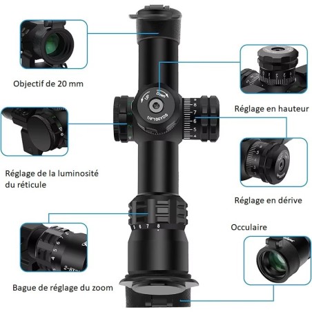 Lunette de tir compact 2-8x20 reticule Mil Dot lumineux avec colliers 11 ou 22 mm aux choix