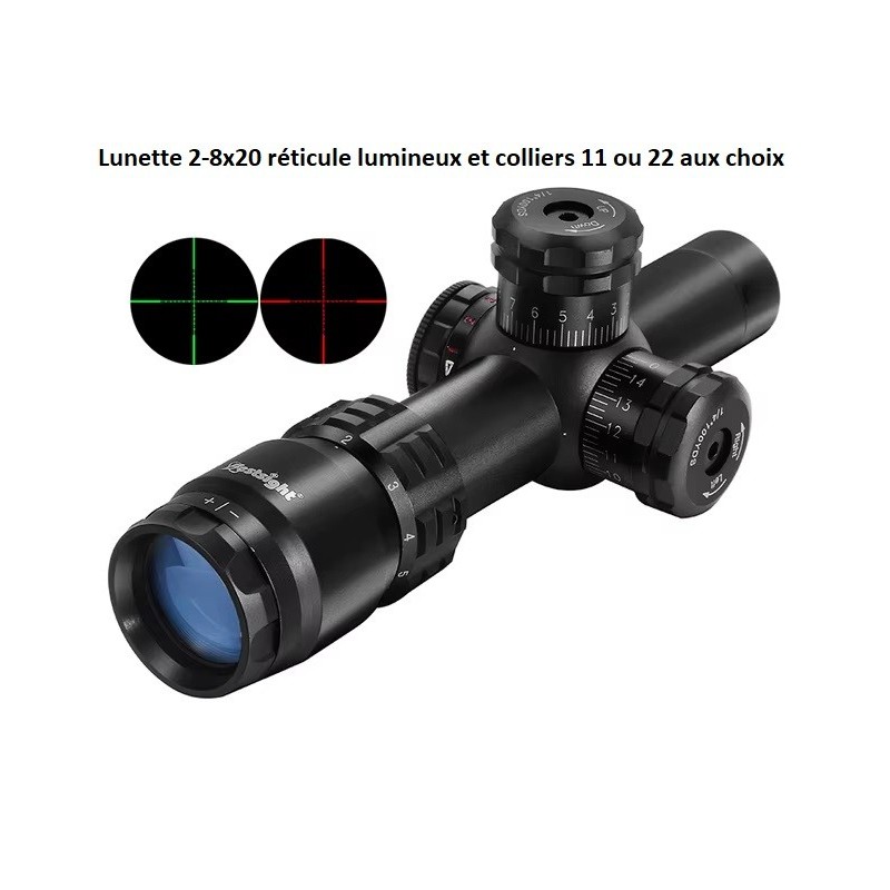 Lunette de tir compact 2-8x20 reticule Mil Dot lumineux avec colliers 11 ou 22 mm aux choix
