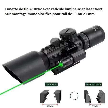 Lunette de tir tactique 3-10x42 avec réticule lumineux et Laser vert sur rail 11 et 22 mm