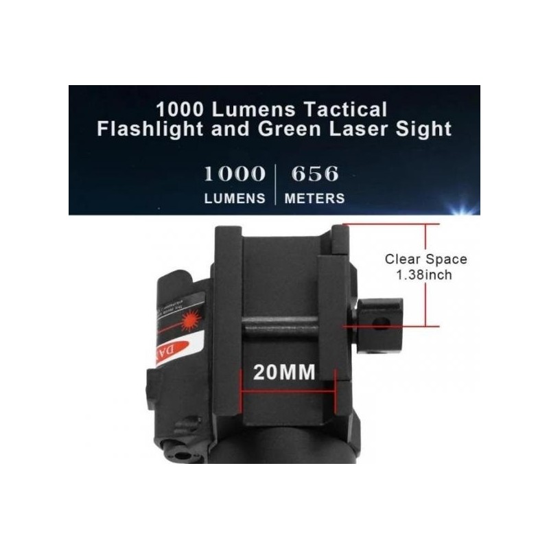 Combo Laser Tactique Lumière Verte/IR + Blanc 1000 Lumens - Pour Arme, Anodisé, Neuf