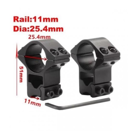 Colliers de fixation pour lunette de tir rail 11 mm type tunnel diamètre 25,4 mm (1 pouce)