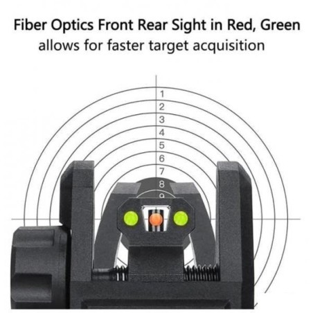 Hausse et guidon cran de mire en fibre optique rabattable type AR15 pour rail 22 mm