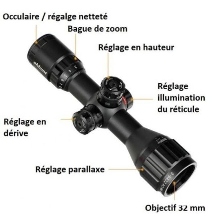 Lunette de tir 3-9x32 AOCE réticule lumineux Mil Dot compatible cal. 12 GA /.308/.338 colliers 11 ou 22 mm aux choix