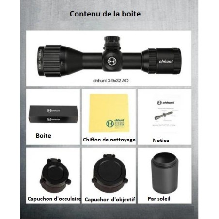Lunette de tir 3-9x32 AOCE réticule lumineux Mil Dot compatible cal. 12 GA /.308/.338 colliers 11 ou 22 mm aux choix