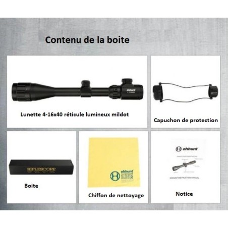 Lunette de tir 4-16x40 AOEG réticule lumineux Mil dot avec colliers 11 ou 22 mm aux choix