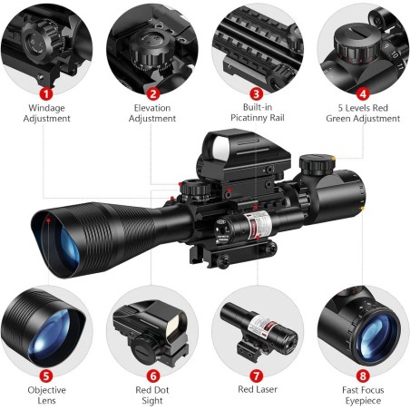 Lunette 4-12x50 réticule lumineux combo avec red dot et laser Rouge pour rail picatinny