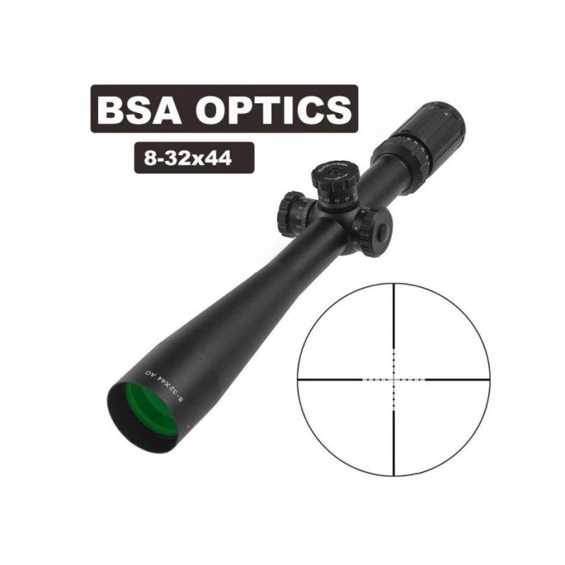 Lunette de tir BSA 8-32x44 AO réticule mildot avec colliers aux choix