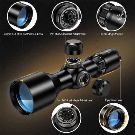 Lunette de tir 3-9x40 compacte avec réticule Mil dot colliers 11 ou 22 mm