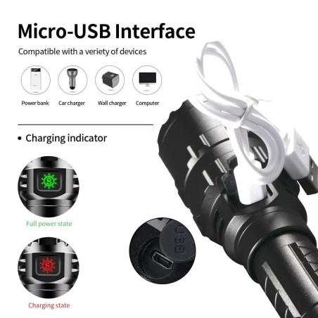 Lampe tactique 1500 lumens rechargeable par USB avec attache rail picatinny et switch déporté