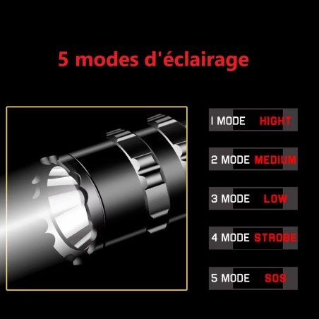 Lampe tactique 1500 lumens rechargeable par USB avec attache rail picatinny et switch déporté