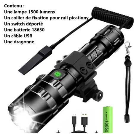 Lampe tactique 1500 lumens rechargeable par USB avec attache rail picatinny et switch déporté