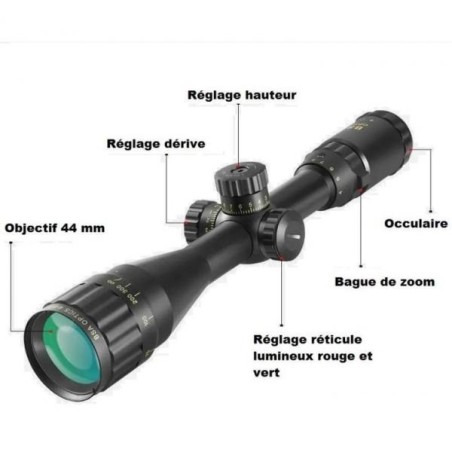 Lunette de tir 4-16x44 AOE avec réticulle lumineux rouge ou vert et colliers aux choix