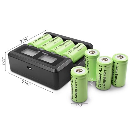 2 Batteries rechargeables CR123A 2800 mAh + chargeur USB 4 emplacements