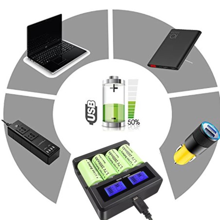 2 Batteries rechargeables CR123A 2800 mAh + chargeur USB 4 emplacements