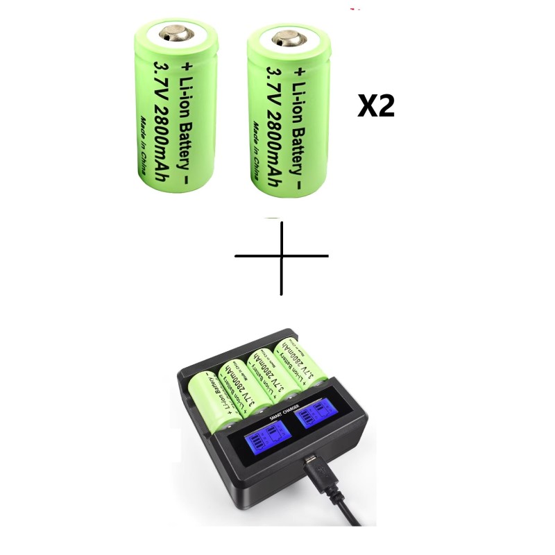 2 Batteries rechargeables CR123A 2800 mAh + chargeur USB 4 emplacements