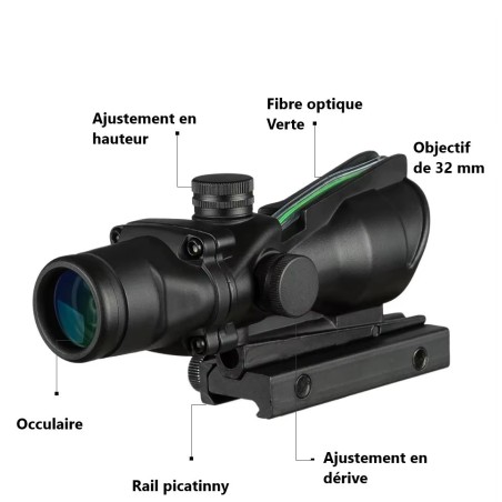 Viseur point rouge Red Dot ACOG 4x32 avec réticule chevron en Fibre optique vert