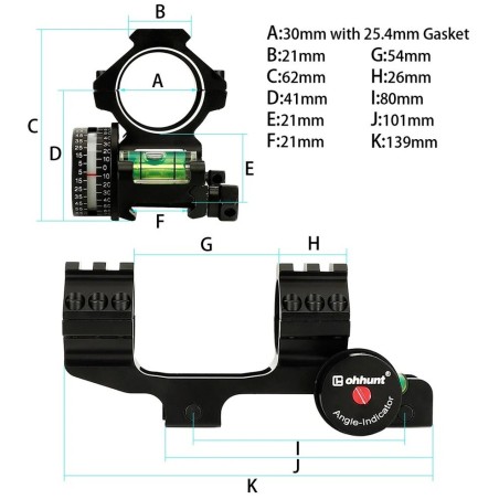 Monobloc 20 MOA diamètre 25.4 (1") et 30 mm pour rail picatinny avec rail, niveau à bulle et à angle