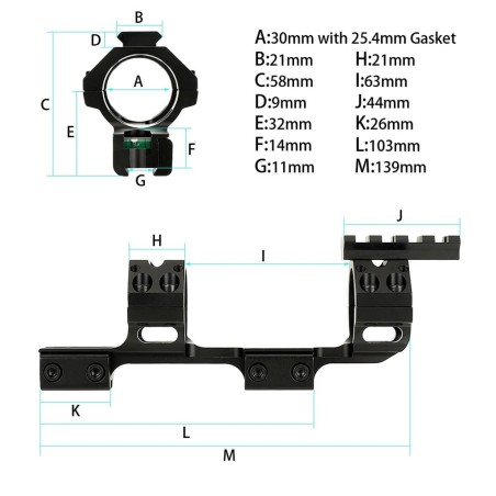 Monobloc déporté pour rail 11 mm et lunette avec tube de 25.4 (1") et 30 mm avec niveau à bulle