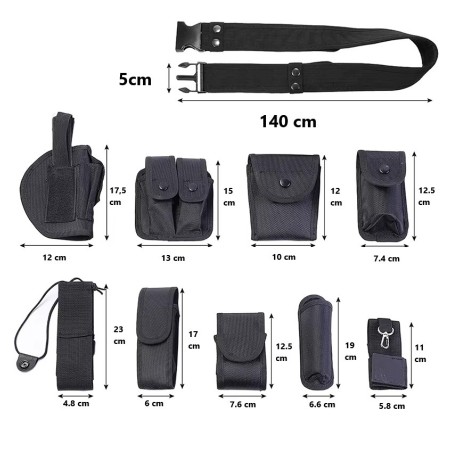 Ceinturon tactique complet entièrement équipé en cordura noir: 10 accessoires