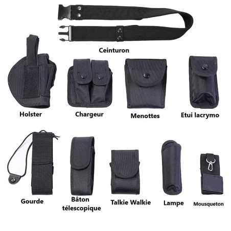 Ceinturon tactique complet entièrement équipé en cordura noir: 10 accessoires