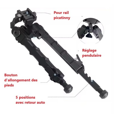 Bipied tactique pendulaire avec fixation rapide pour rail picatinny