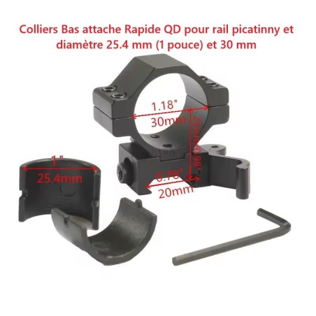 Colliers de fixation bas avec attache rapide pour lunette de tir rail 22 mm diamètre 25,4 / 30 mm