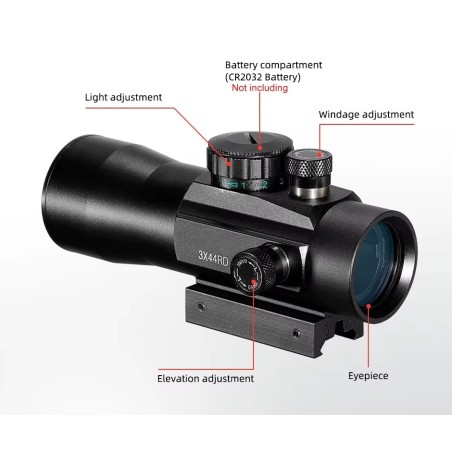 Red Dot 3x44 avec Zoom, Point Rouge et Vert – Rail 11/22 mm – Résistan