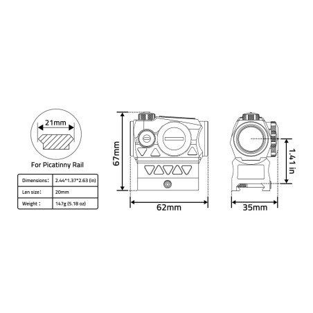 Red Dot MRS 2MOA pour tous calibres avec élévateur tunnel pour rail picatinny