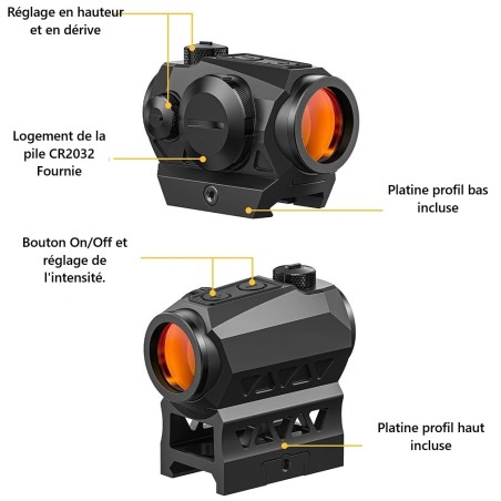 Red Dot MRS 2MOA pour tous calibres avec élévateur tunnel pour rail picatinny