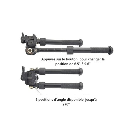 Bipied tactique rotatif et pivotant avec fixation attache rapide pour rail picatinny