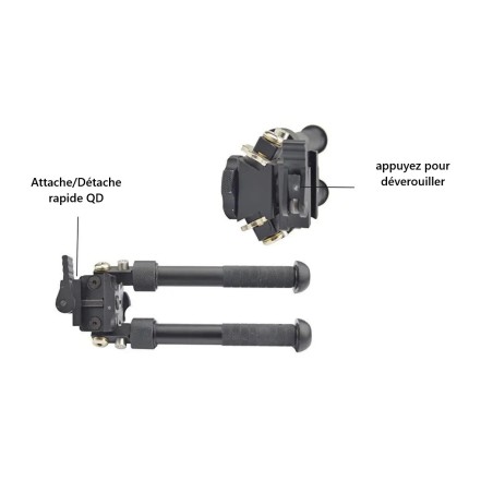 Bipied tactique rotatif et pivotant avec fixation attache rapide pour rail picatinny