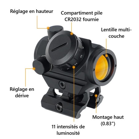 Red Dot 3MOA avec cercle 50MOA avec élévateur tunnel pour rail picatinny pour calibres de chasse (.300/.308/12GA etc)