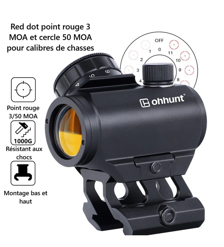 Red Dot 3MOA avec cercle 50MOA avec élévateur tunnel pour rail picatinny pour calibres de chasse (.300/.308/12GA etc)