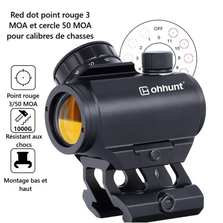 Red Dot 3MOA avec cercle 50MOA avec élévateur tunnel pour rail picatinny pour calibres de chasse (.300/.308/12GA etc)