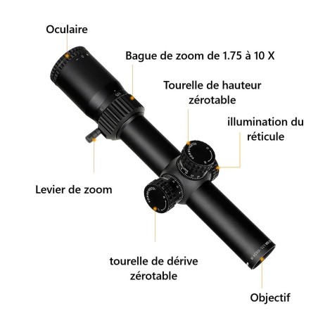 Lunette 1,75-10x24 LR WA SFP tube de 30 mm et colliers aux choix