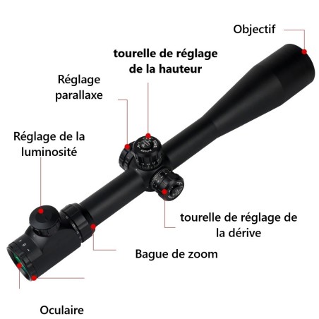 Lunette de tir 10-40x50 SFP réticule lumineux avec colliers aux choix