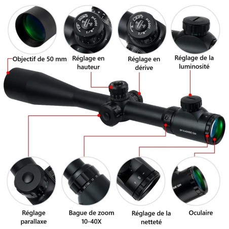 Lunette de tir 10-40x50 SFP réticule lumineux avec colliers aux choix