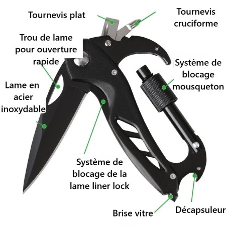 Mousqueton tactique multifonction avec couteau en acier inoxydable