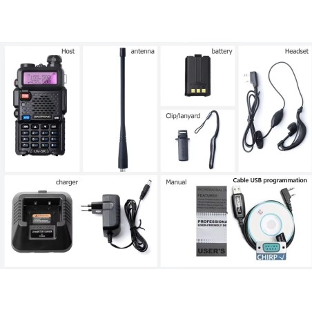 Talkie Walkie (X2) Baofeng UV-5R, 8 Watts, longue portée 12km (compatible Chirp cable usb fourni)