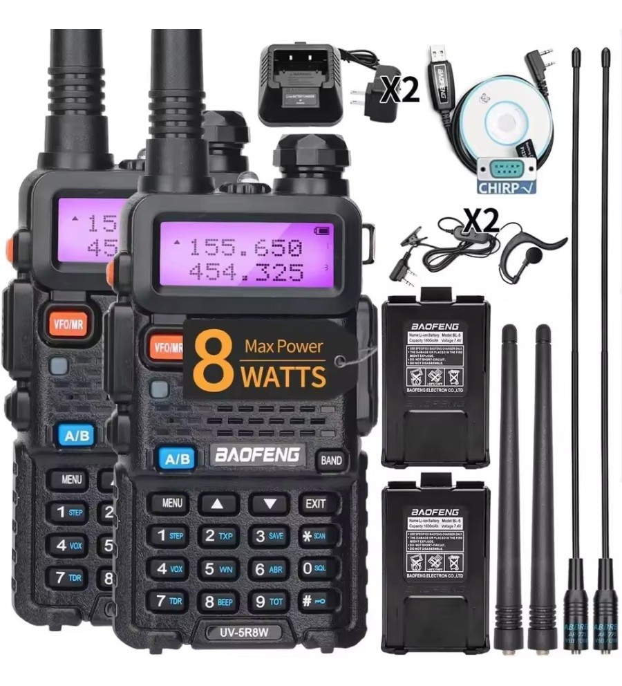 Talkie Walkie (X2) Baofeng UV-5R, 8 Watts, longue portée 12km (compatible Chirp cable usb fourni)