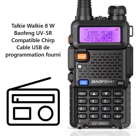 Talkie Walkie (X2) Baofeng UV-5R, 8 Watts, longue portée 12km (compatible Chirp cable usb fourni)