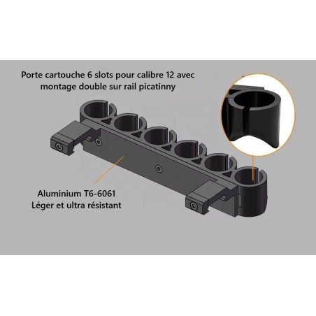 Porte 6 cartouches calibre 12 montage double fixation sur rail picatinny