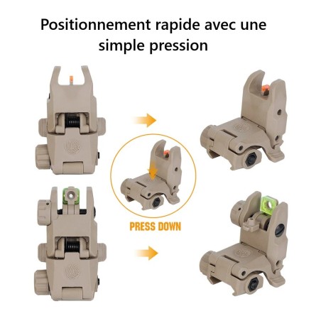 Hausse et guidon Tan en fibre optique rabattable type AR15 avec platine amovible pour rail picatinny