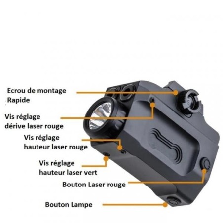 Lampe avec double Laser Bleu et vert LED 800 lumens Flash Strobo pour rail picatinny