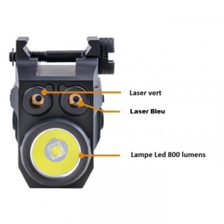 Lampe avec double Laser Bleu et vert LED 800 lumens Flash Strobo pour rail picatinny
