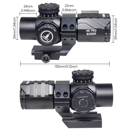 Lunette de tir 3x30IR MR PRO réticule lumineux avec monobloc déporté pour rail picatinny