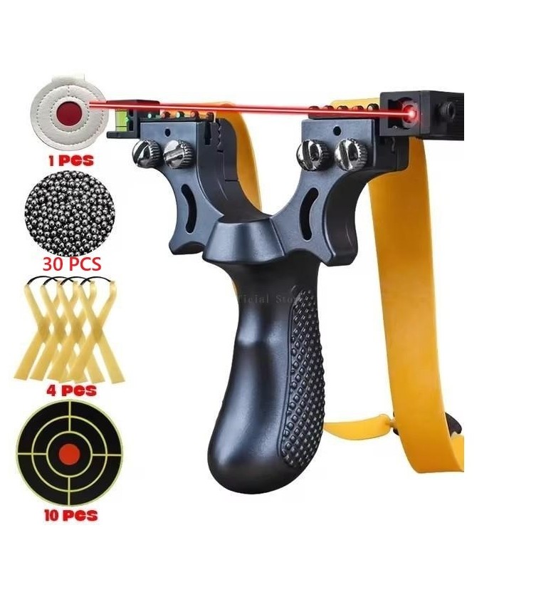 Pack lance pierre / Fronde de chasse noir avec laser, cibles, elastiques et billes en metal (