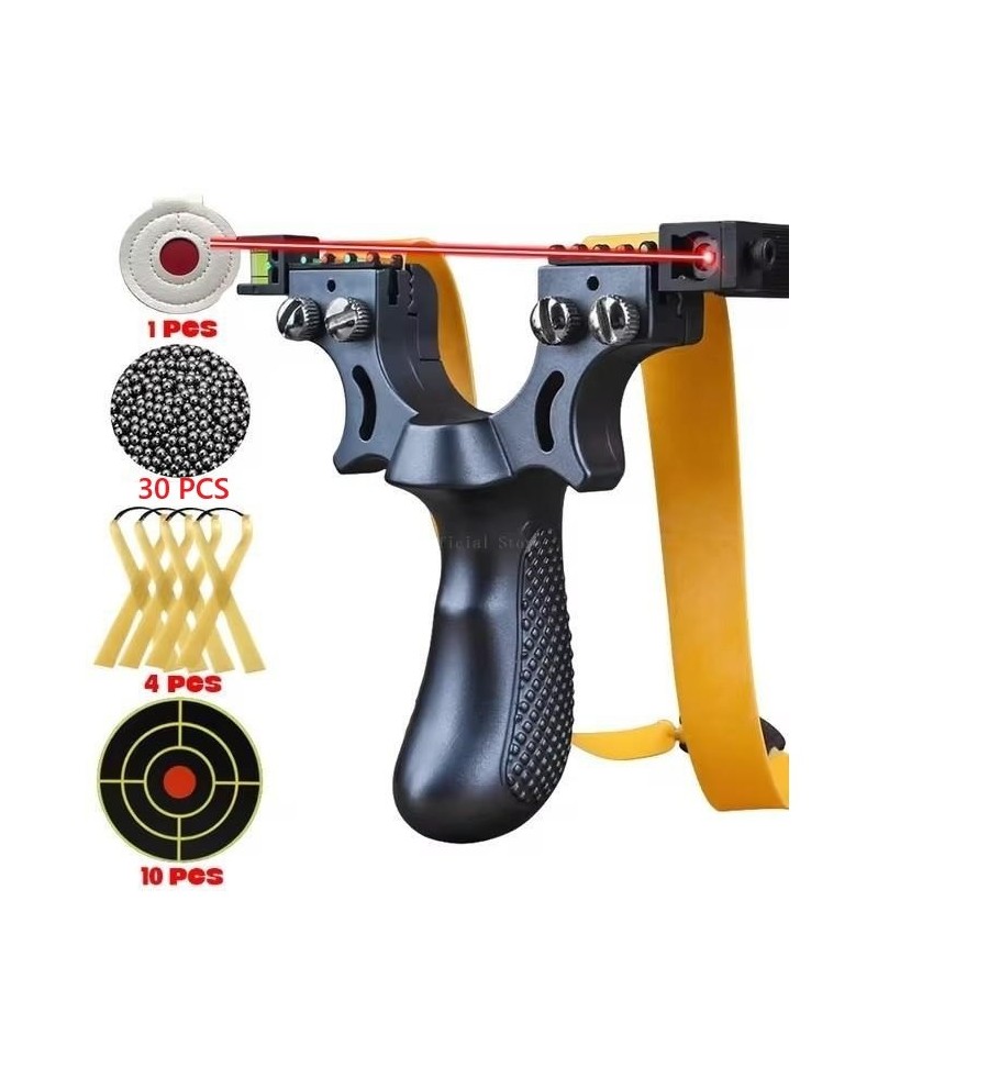 Pack lance pierre / Fronde de chasse noir avec laser, cibles, elastiques et billes en metal (